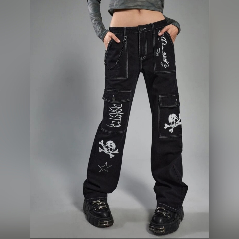 Black Grunge Punk Skull Bones Disaster Graphic Boy Friend Jeans Large